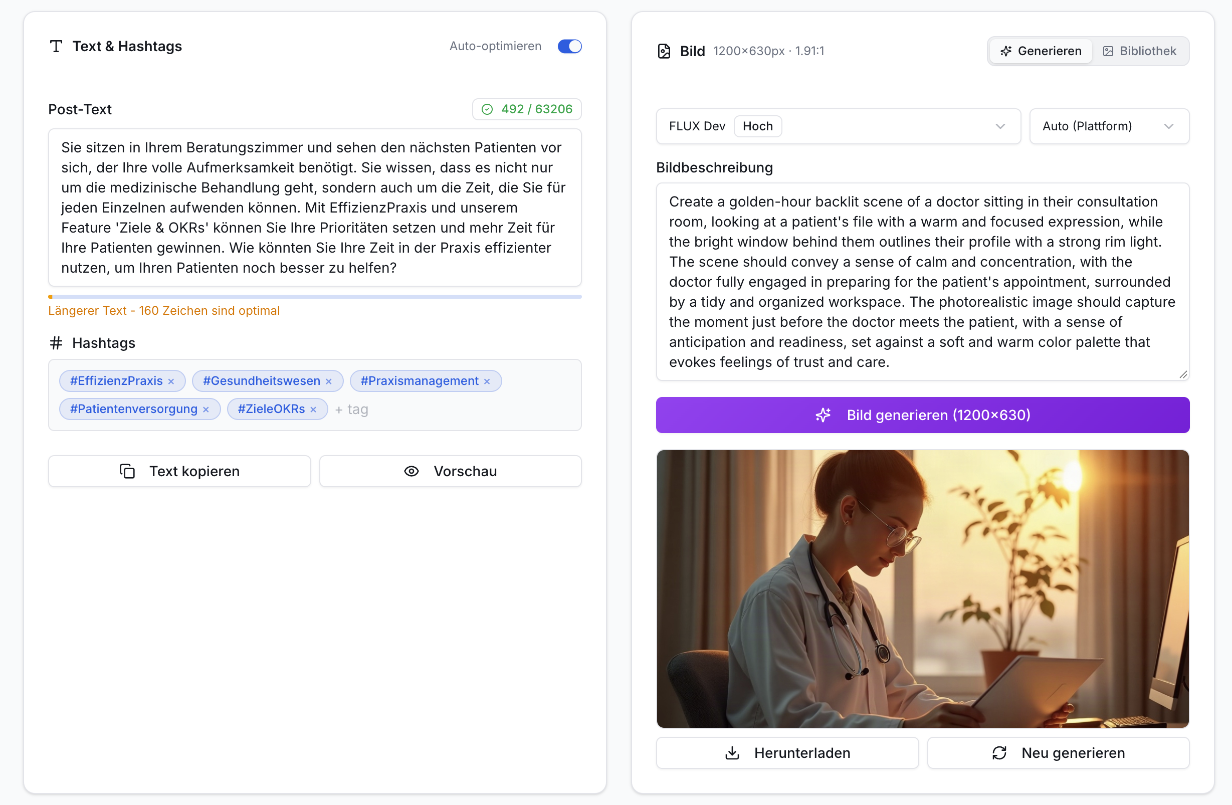 Screenshot zeigt Benutzeroberfläche zur Erstellung von Social Media Posts. Links: Text-Editor, Hashtags, Auto-Optimierung. Rechts: KI-Bildgenerator mit Arztbild.