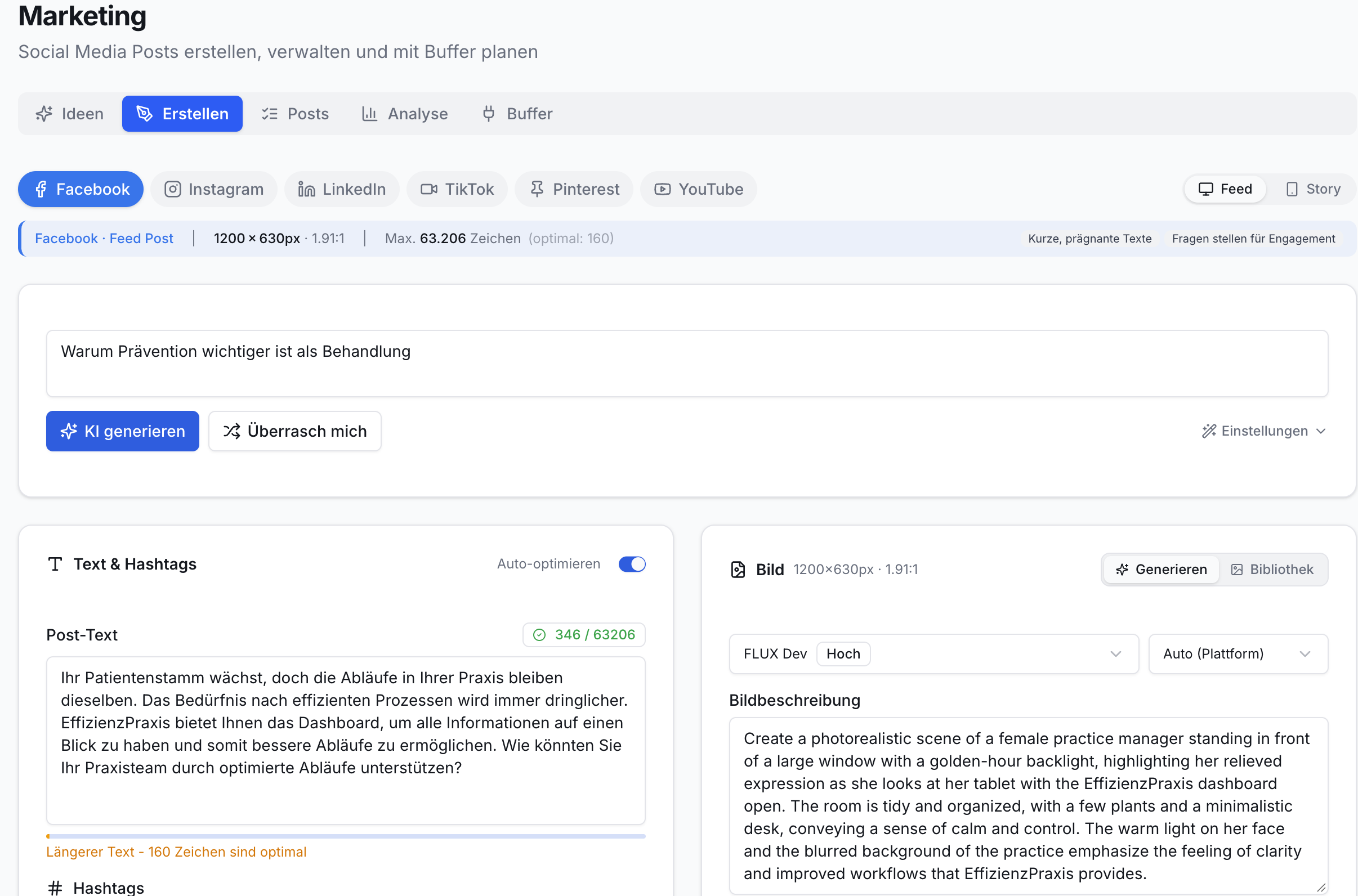 Dashboard zur Social Media Post-Erstellung: Facebook-Tab aktiv, KI-generierte Text- und Bildfelder mit Beispielinhalten, Zeichenzähler.