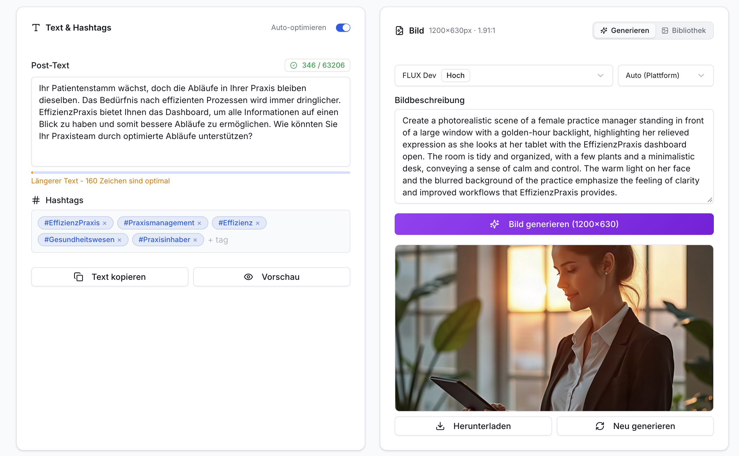Screenshot der Social Media Post-Erstellung: Links Textfeld, Hashtags, "Text kopieren", "Vorschau". Rechts Bildgenerator, Beschreibung, Frau mit Tablet als Vorschau.