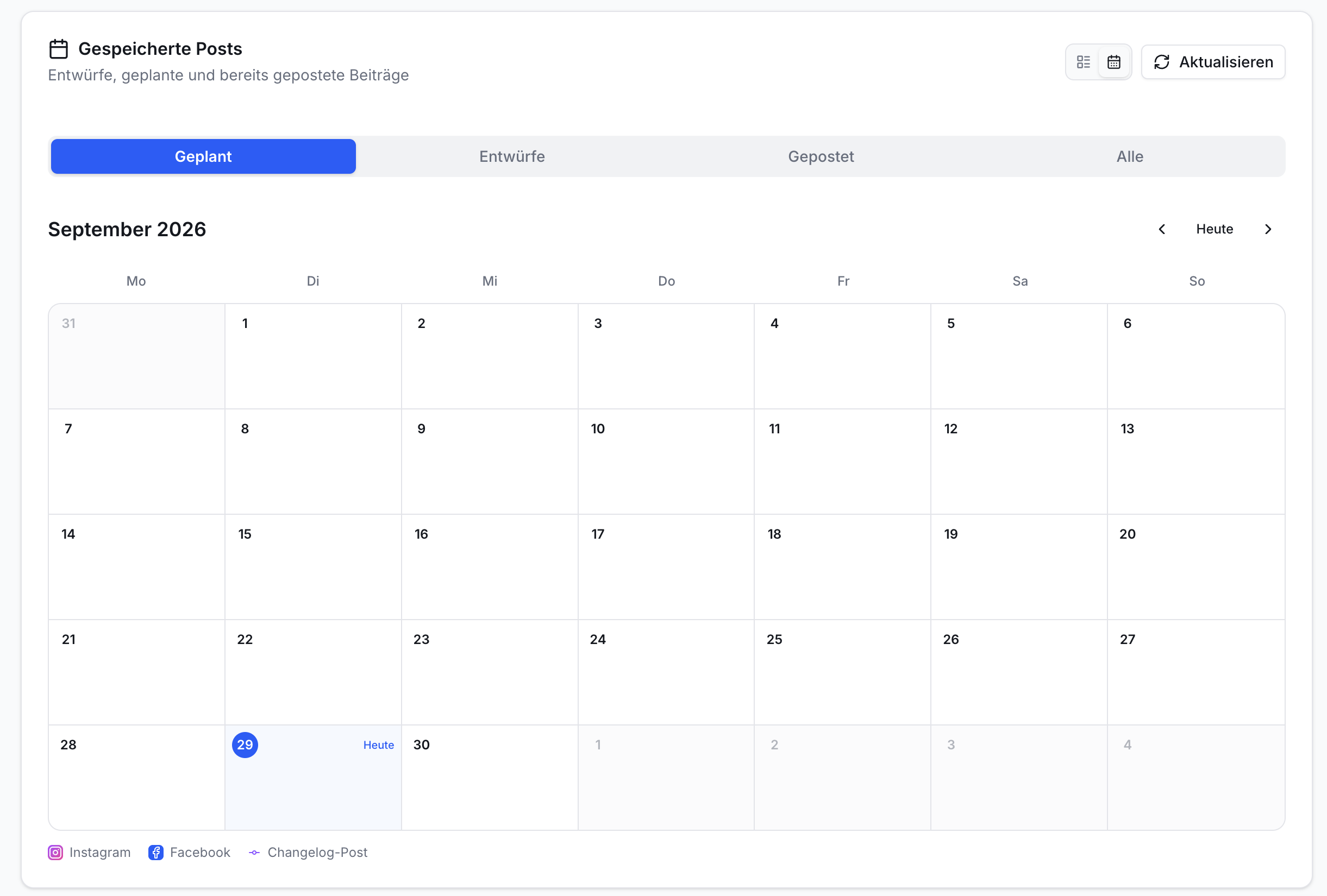 Kalenderansicht Social Media Posts, September 2026. Tab Geplant aktiv. Tabs Entwürfe, Gepostet, Alle. Tag 29 als Heute markiert. Logos Instagram, Facebook.