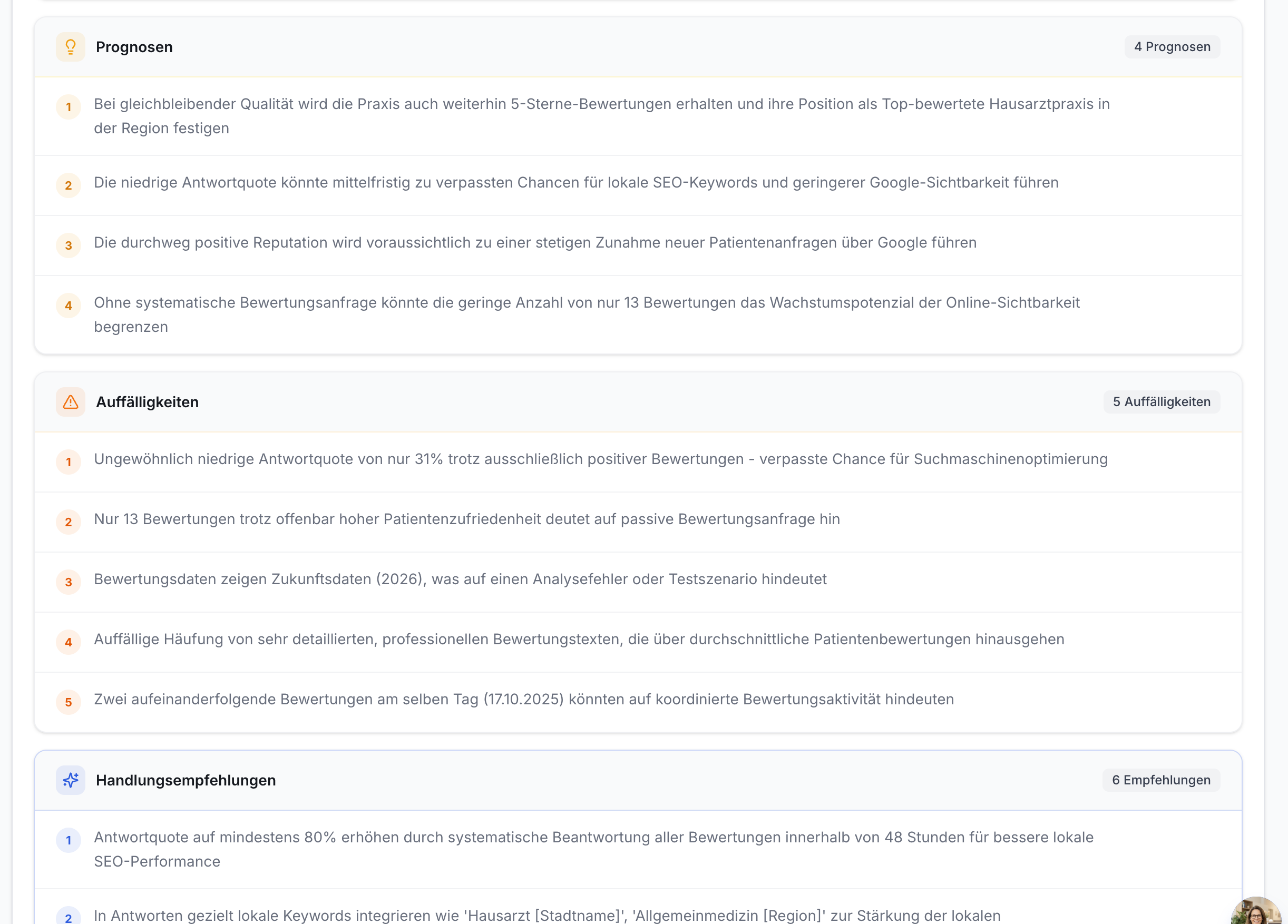 Google Business Ansicht: Drei Listen. Prognosen (4), Auffälligkeiten (5) und Handlungsempfehlungen (6) mit nummerierten Textpunkten.