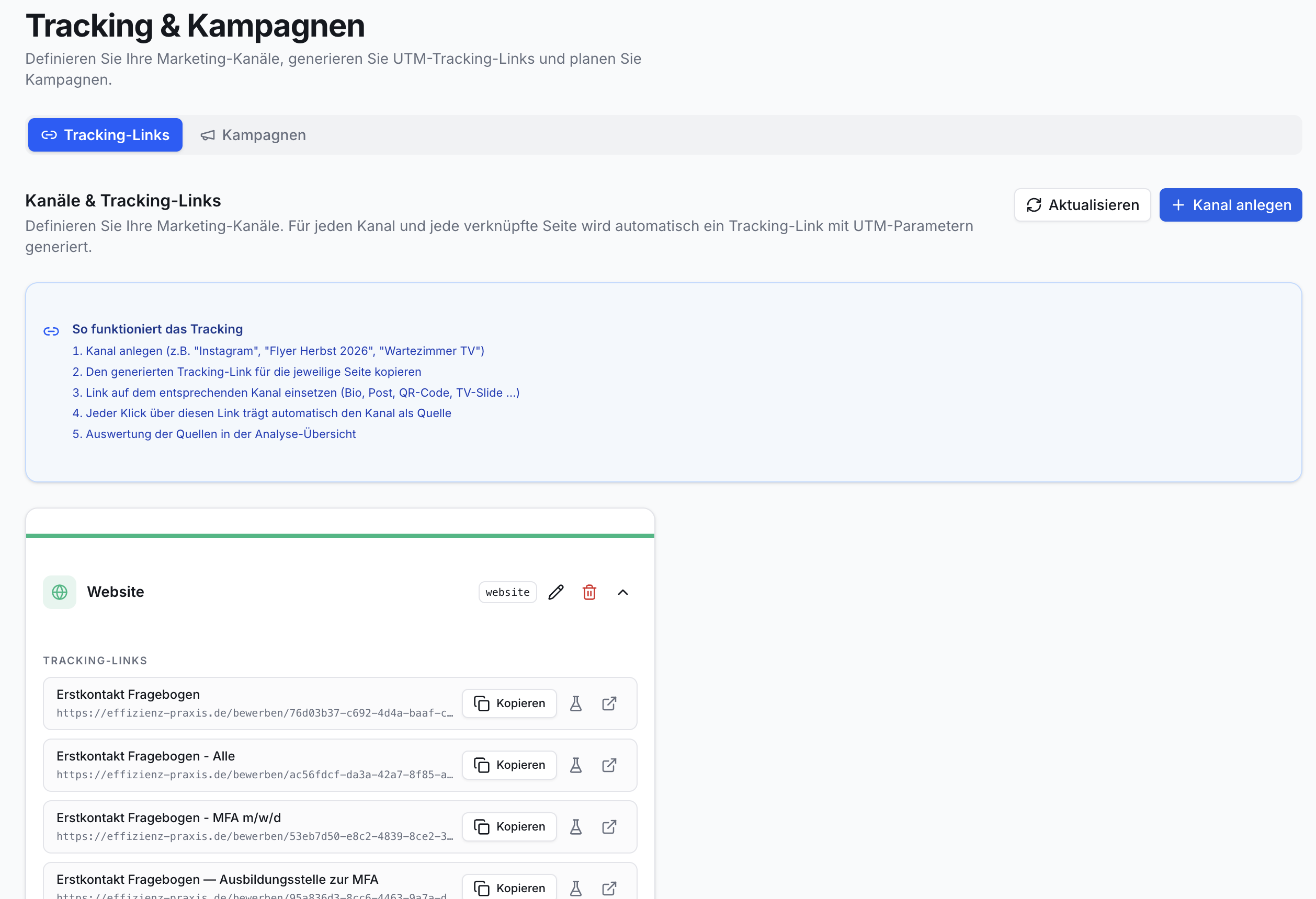 Ansicht Tracking & Kampagnen: Tracking-Links-Tab aktiv. Anleitung und Liste von UTM-Links für Fragebögen unter Website-Kanal.