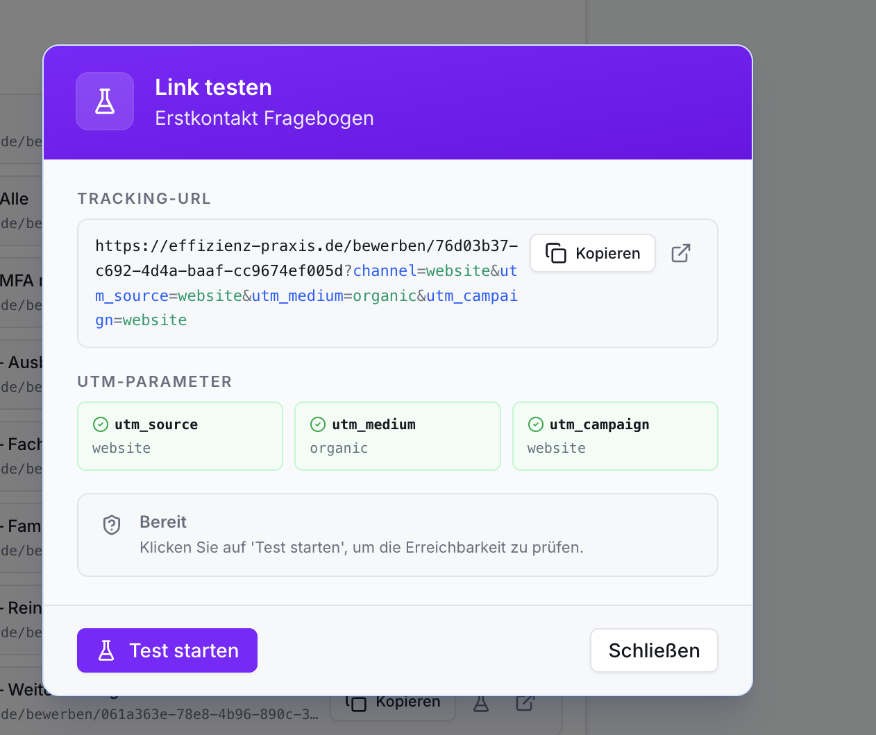 Dialog 'Link testen Erstkontakt Fragebogen' mit Tracking-URL, UTM-Parametern (Source, Medium, Campaign) und Test starten Button.