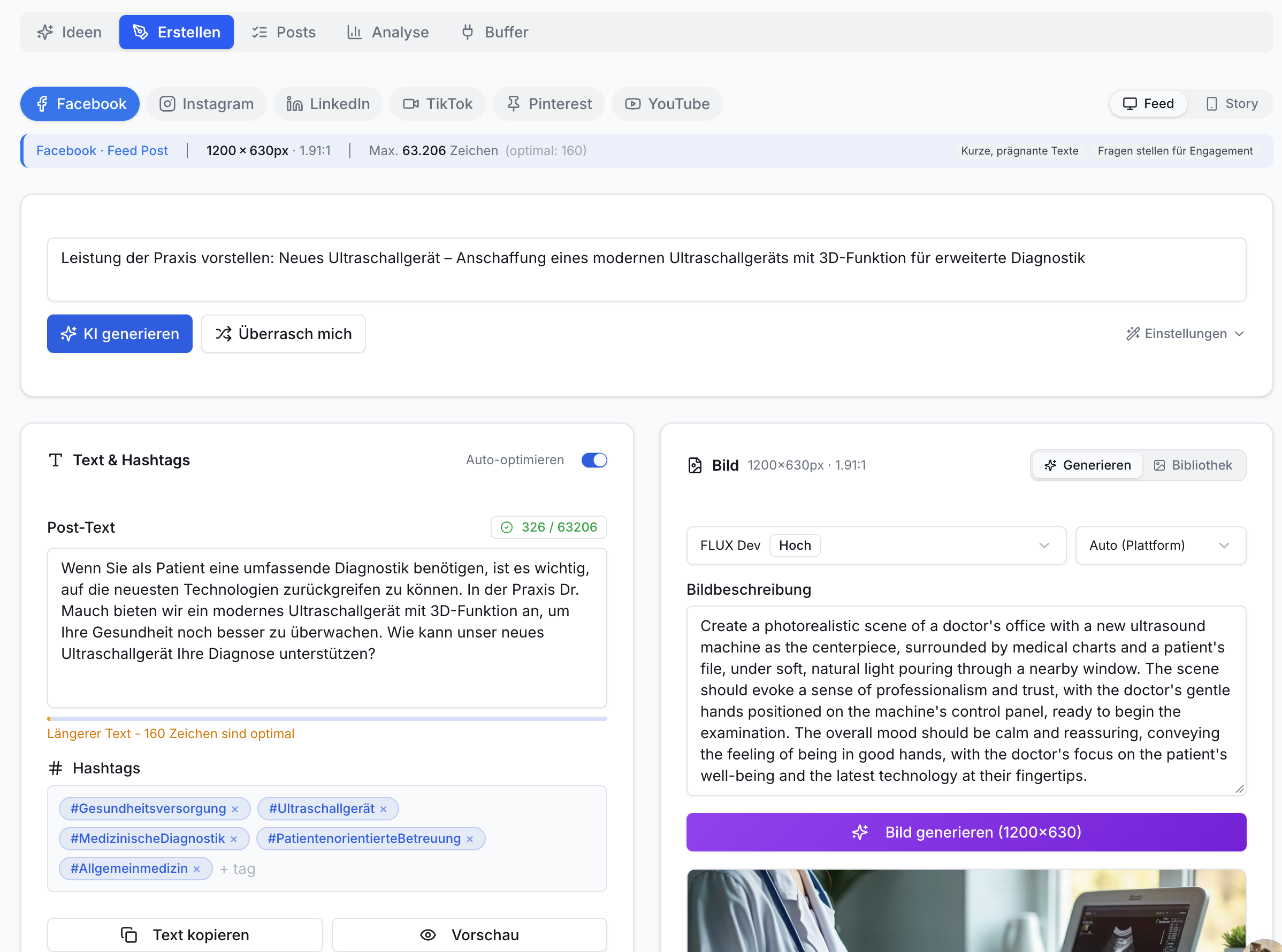Screenshot der Erstellen-Funktion: Social Media Post-Editor mit Facebook-Auswahl, KI-Text- und Bildgenerierung, Mustertext zum Ultraschallgerät, Hashtags.