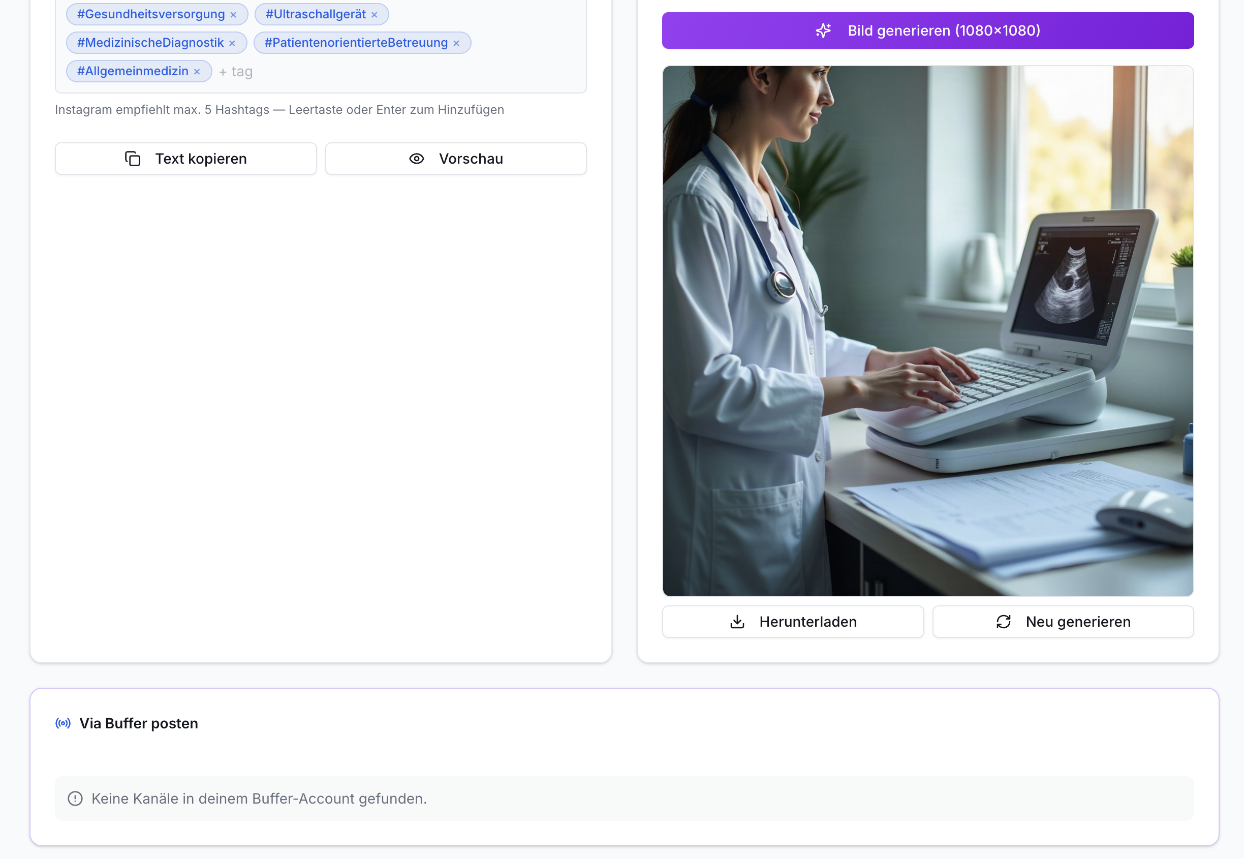 Screenshot der Funktion Erstellen: links Hashtags und Textoptionen; rechts ein KI-generiertes Bild einer Ärztin am Ultraschallgerät mit Download-Buttons.