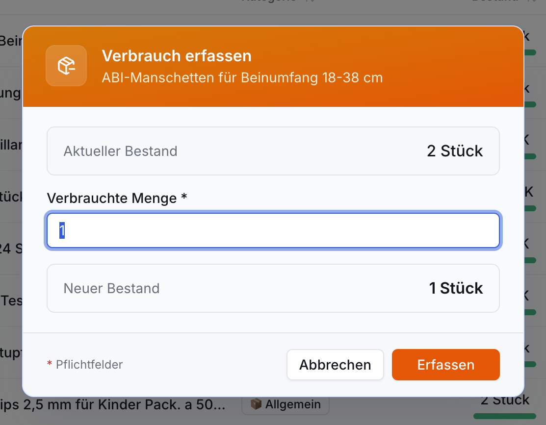 Modal-Dialog Verbrauch erfassen für ABI-Manschetten. Zeigt aktuellen Bestand (2), Eingabe verbrauchter Menge (1) und neuen Bestand (1). Mit Buttons Abbrechen und Erfassen.