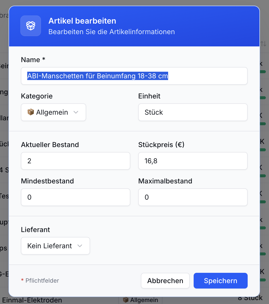 Dialog Artikel bearbeiten mit Feldern für Name, Kategorie, Einheit, Bestand, Preis, Mindest-/Maximalbestand, Lieferant. Schaltflächen: Abbrechen, Speichern.