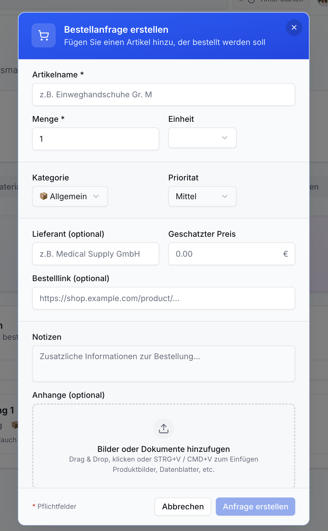 Ein Dialogfenster zur Erstellung einer Bestellanfrage. Es zeigt Felder für Artikelname, Menge, Lieferant, Preis, Link, Notizen und Anhänge. Buttons: Abbrechen, Anfrage erstellen.