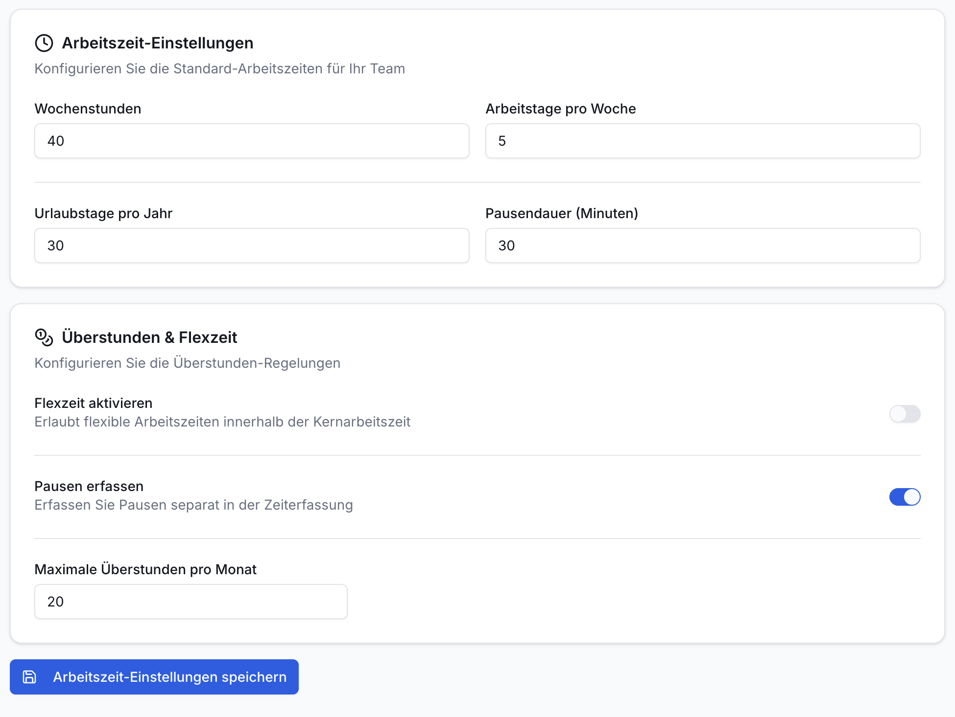 Screenshot der Arbeitszeit-Einstellungen. Konfigurierbare Felder für Wochenstunden, Urlaub, Pausendauer. Schalter für Flexzeit und Pausen, Eingabe für Überstunden. Speichern-Button.