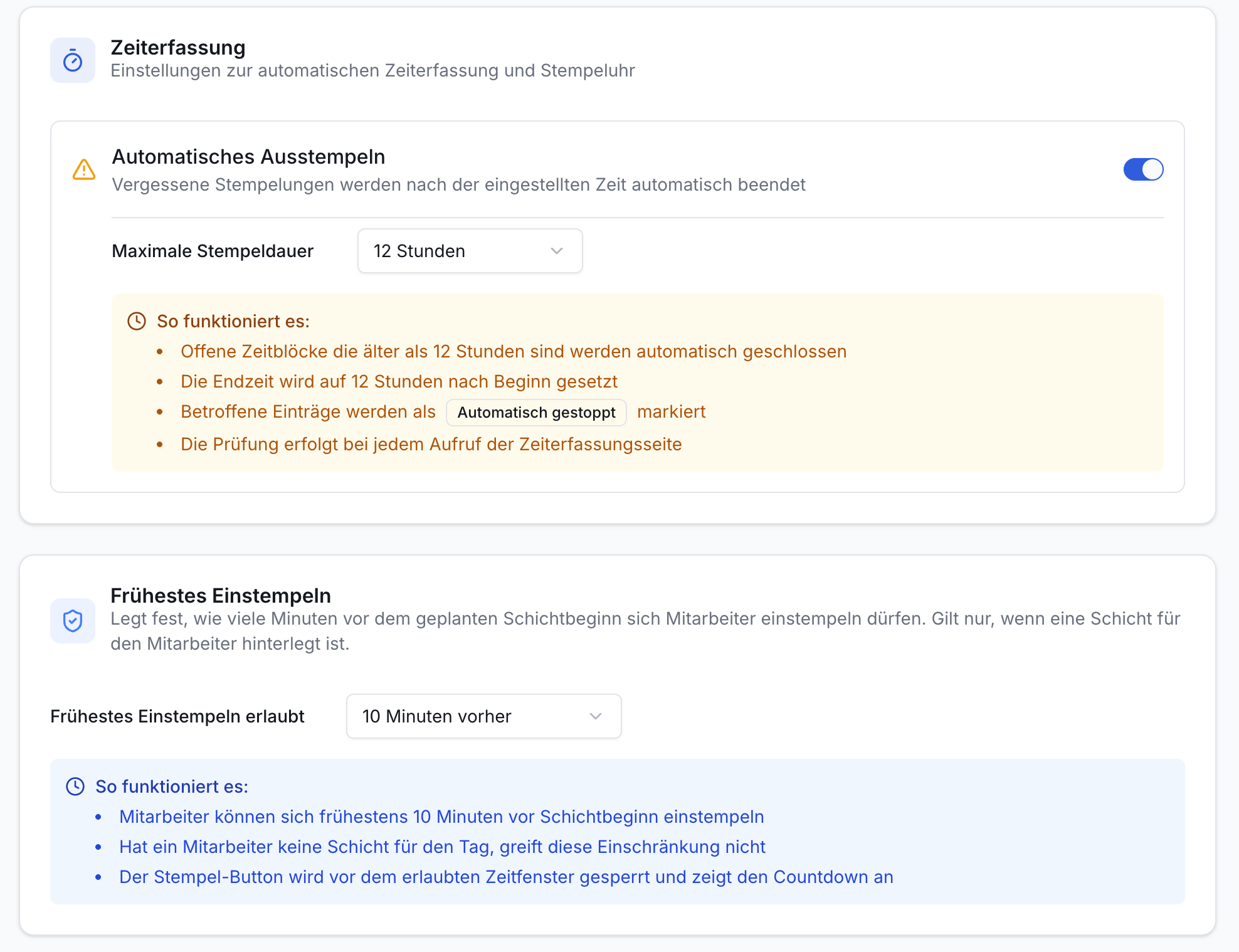 Einstellungen zur Zeiterfassung: Karte für automatisches Ausstempeln mit Schalter und 12-Stunden-Dropdown. Darunter Karte für frühes Einstempeln mit 10-Minuten-Dropdown.