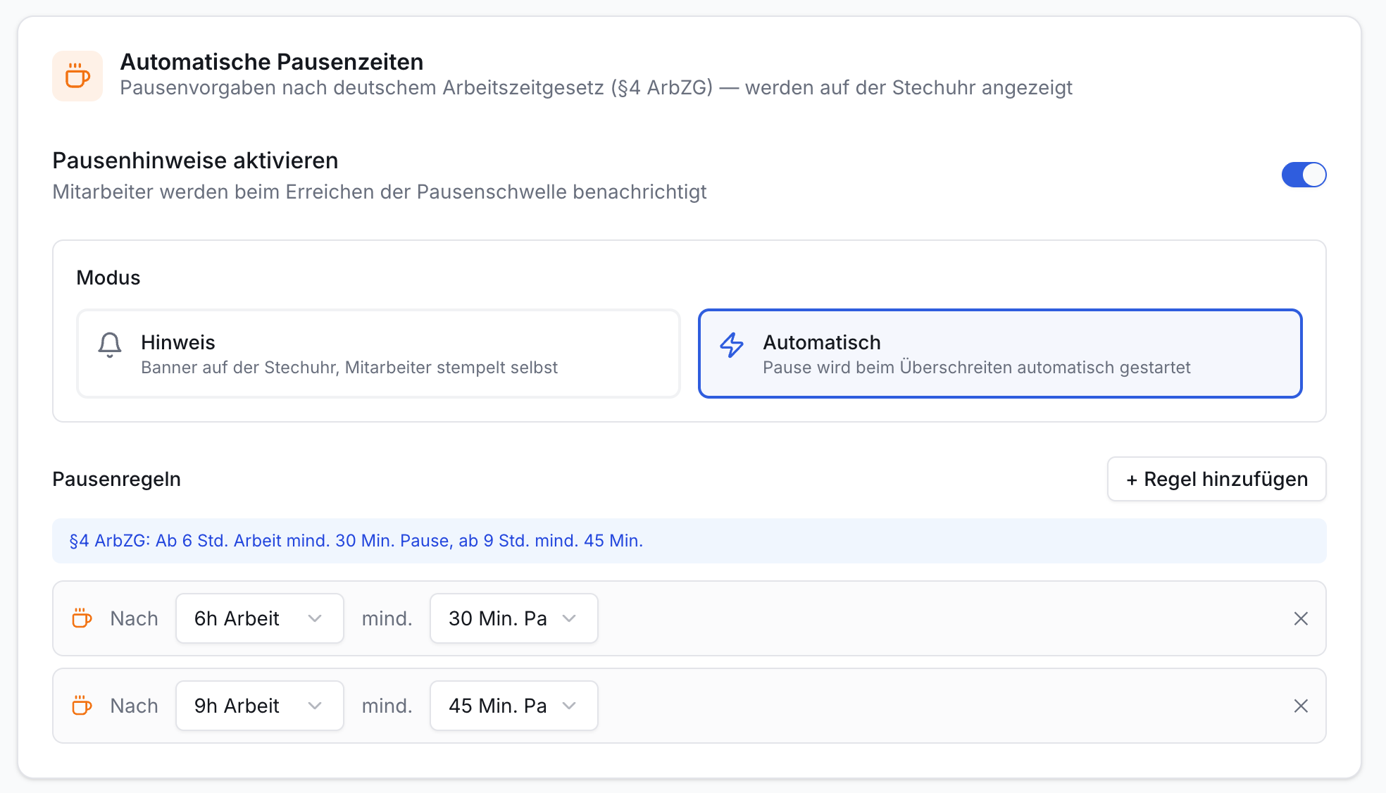 Einstellungen für automatische Pausen. Layout mit Überschriften, Schalter Pausenhinweise, Modus Automatisch gewählt, zwei Pausenregeln (6h/30min, 9h/45min) und Regel hinzufügen Button.