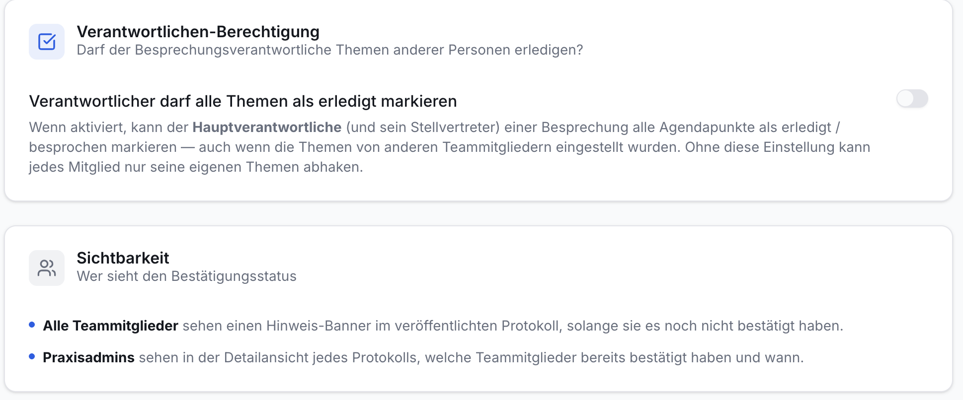 Einstellungen: Besprechungsberechtigungen (deaktivierter Schalter) und Protokollsichtbarkeit (zwei Listenpunkte zum Status).