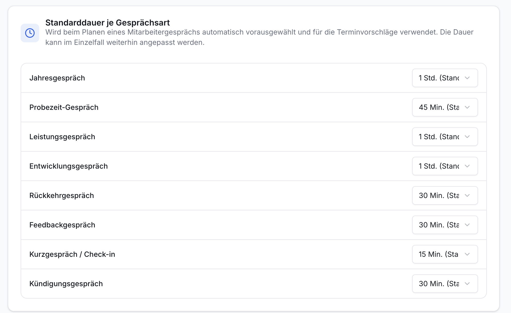 Screenshot zeigt die Einstellung von Standarddauern für verschiedene Mitarbeitergesprächsarten in einer Liste mit Dropdowns zur Anpassung.