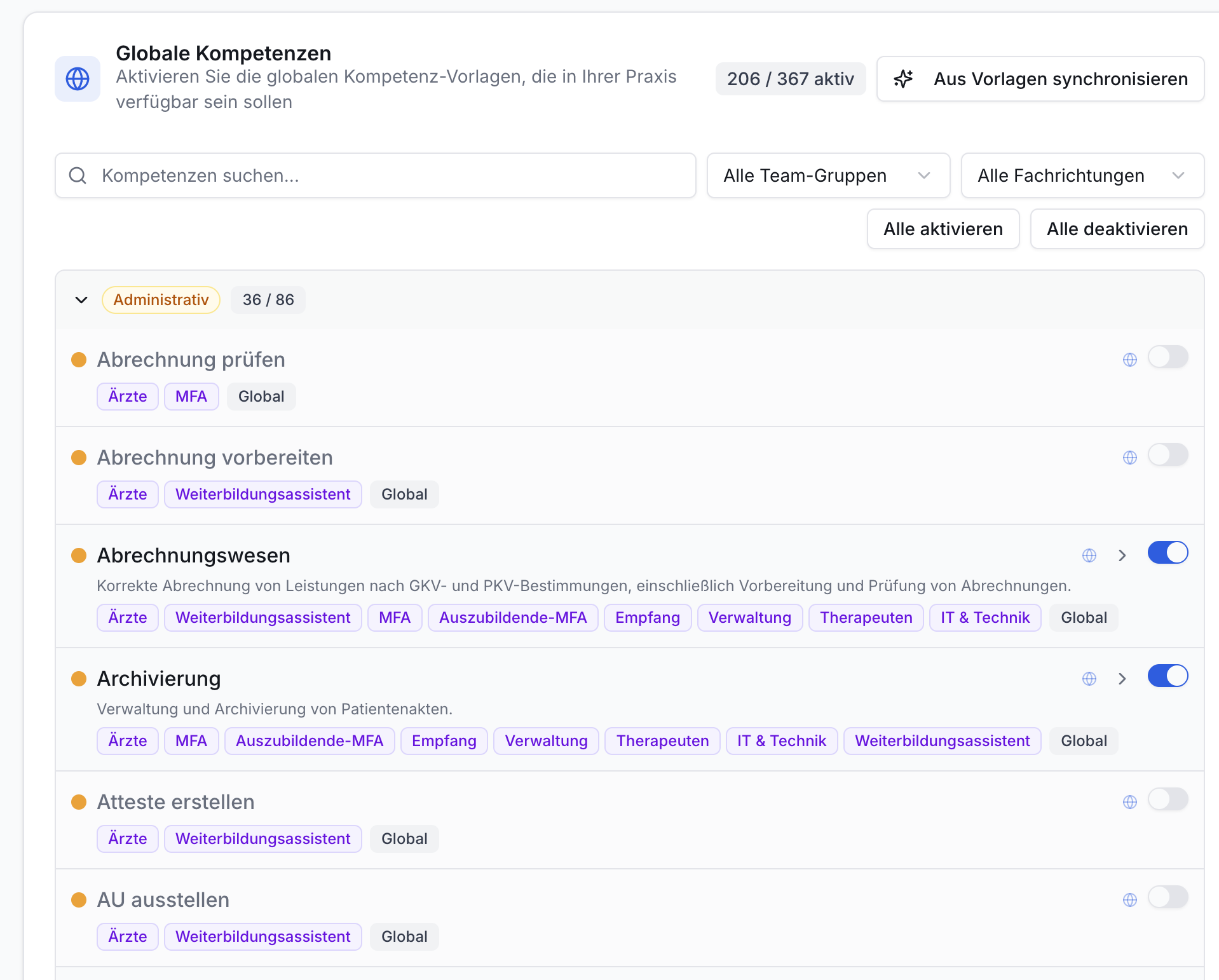 Screenshot zeigt die Verwaltung globaler Kompetenzen. Liste von Aufgaben wie Abrechnung, Archivierung mit Rollen-Tags und Aktivierungs-Schaltern.