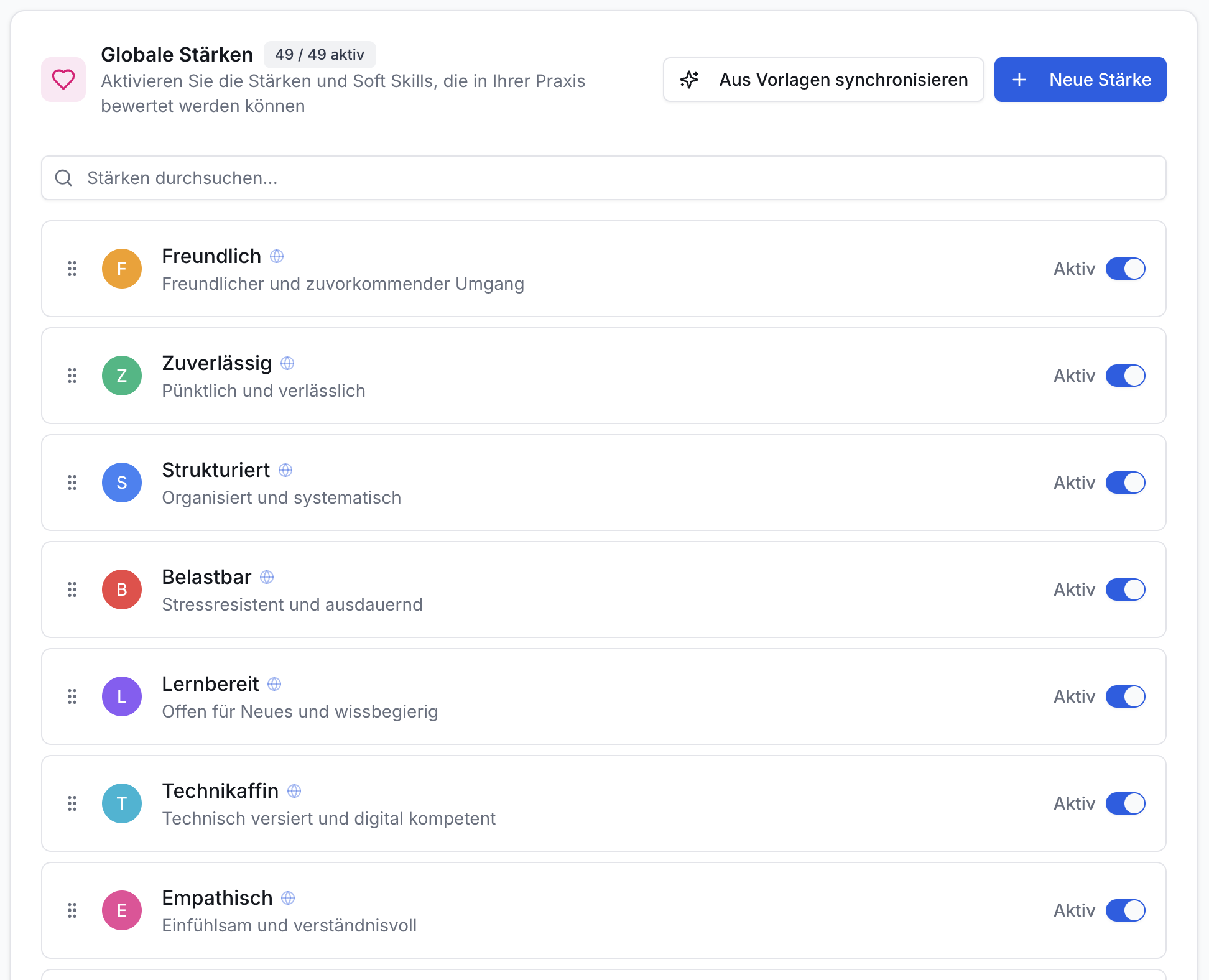 Übersicht Globale Stärken der Praxis App. Liste mit aktivierbaren Soft Skills wie Freundlich, Zuverlässig, Strukturiert. Suchfeld, zwei Buttons.