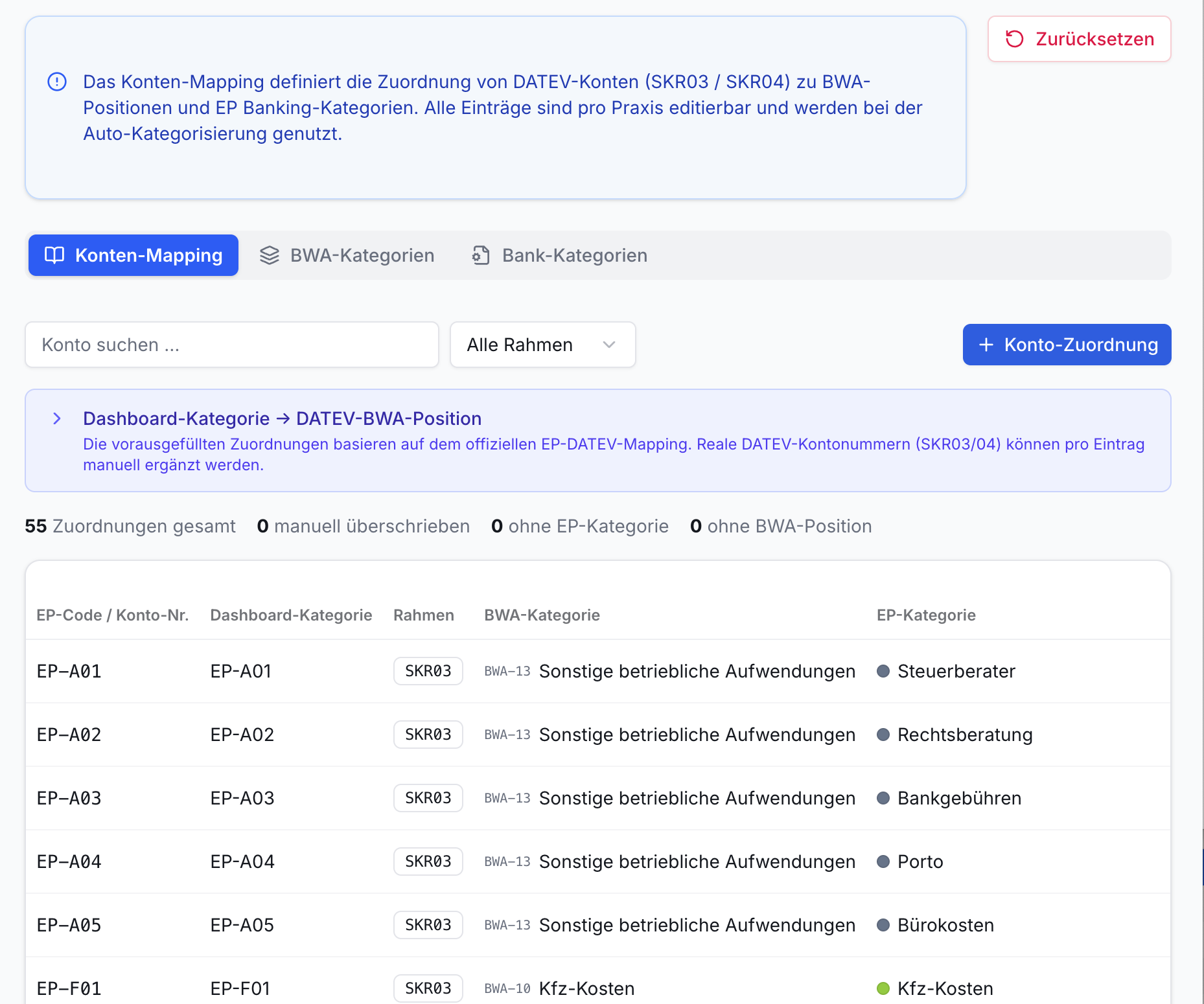Screenshot zeigt DATEV Konten-Mapping. Oben Suchfeld, Filter, Buttons. Infoboxen erklären Funktion. Tabelle listet 55 Kontenzuordnungen.