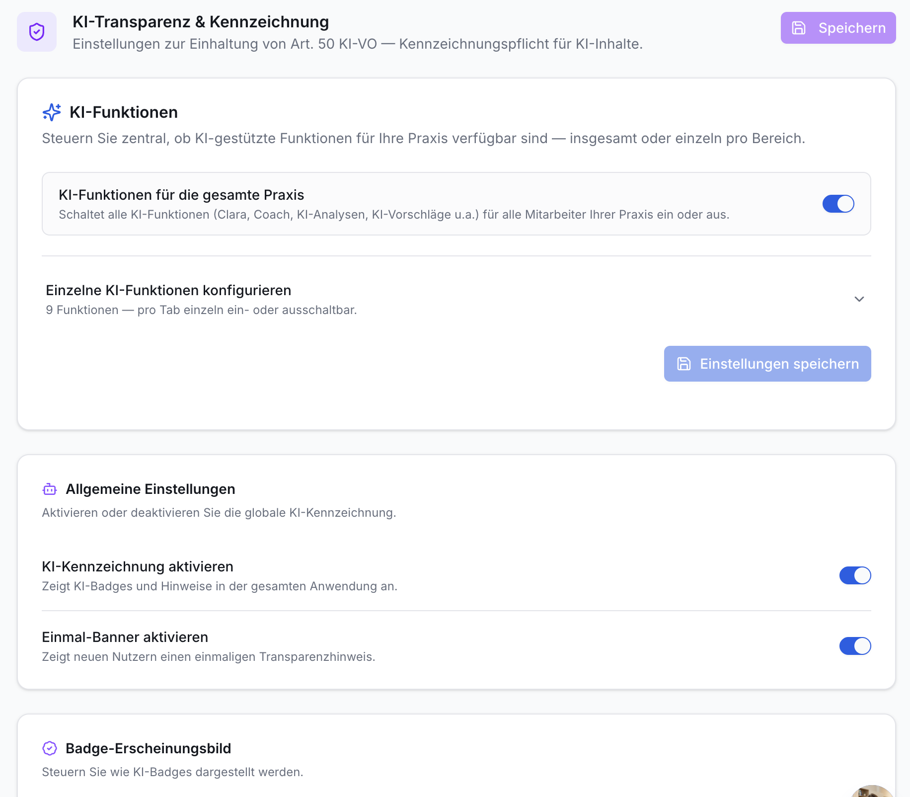 Einstellungen für KI-Transparenz mit Schaltern zur Aktivierung von KI-Funktionen, Kennzeichnung und Transparenzhinweisen in einer Praxis-App.