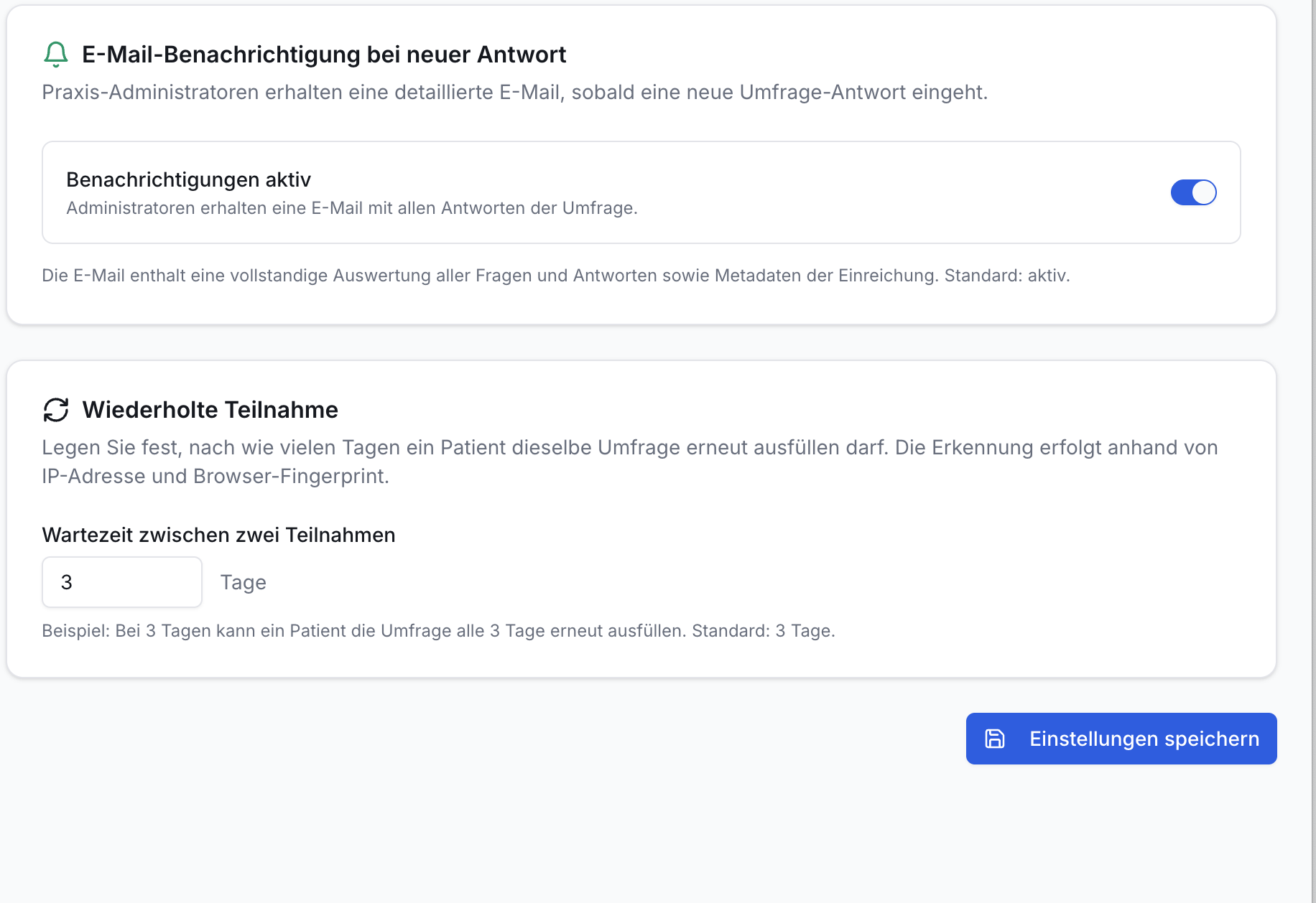 Screenshot der Umfrage-Einstellungen. Zeigt Bereiche für E-Mail-Benachrichtigungen (aktivierbar) und Wartezeit für wiederholte Teilnahme (Eingabefeld mit '3 Tage'). Unten ein Button Einstellungen speichern.
