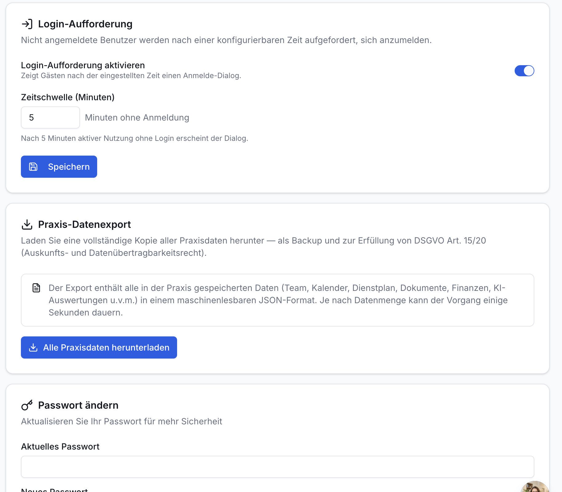 Sicherheitseinstellungen. Sektionen: Login-Aufforderung (Toggle, Minuten-Feld, Speichern-Button), Praxis-Datenexport (Info, Download-Button), Passwort ändern (Eingabefelder).