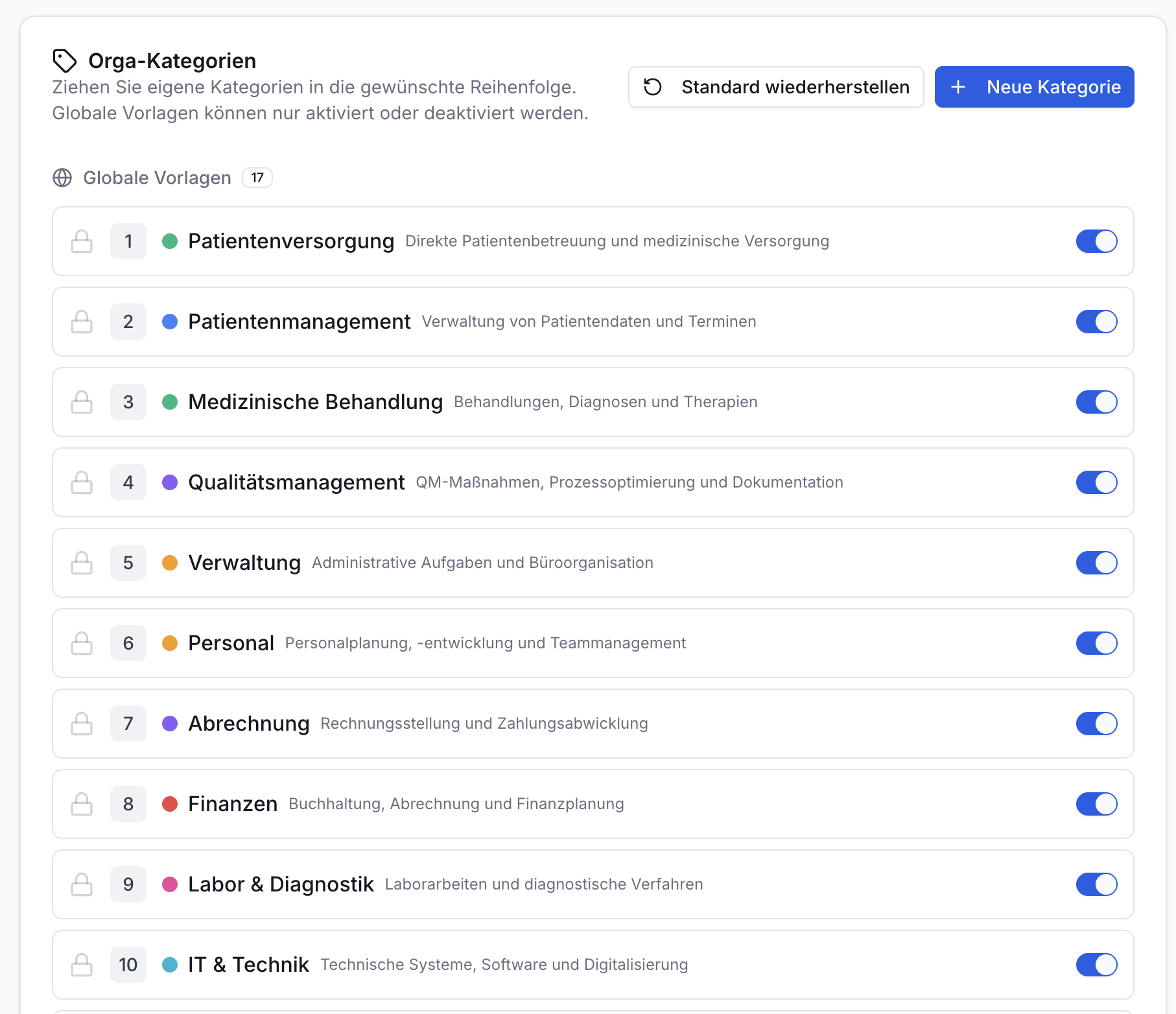 Effizienz Praxis: Orga-Kategorien-Einstellungen. Liste mit 10 Kategorien, Icons, Beschreibungen, Aktivierungs-Schaltern. Knöpfe: Standard, Neu.