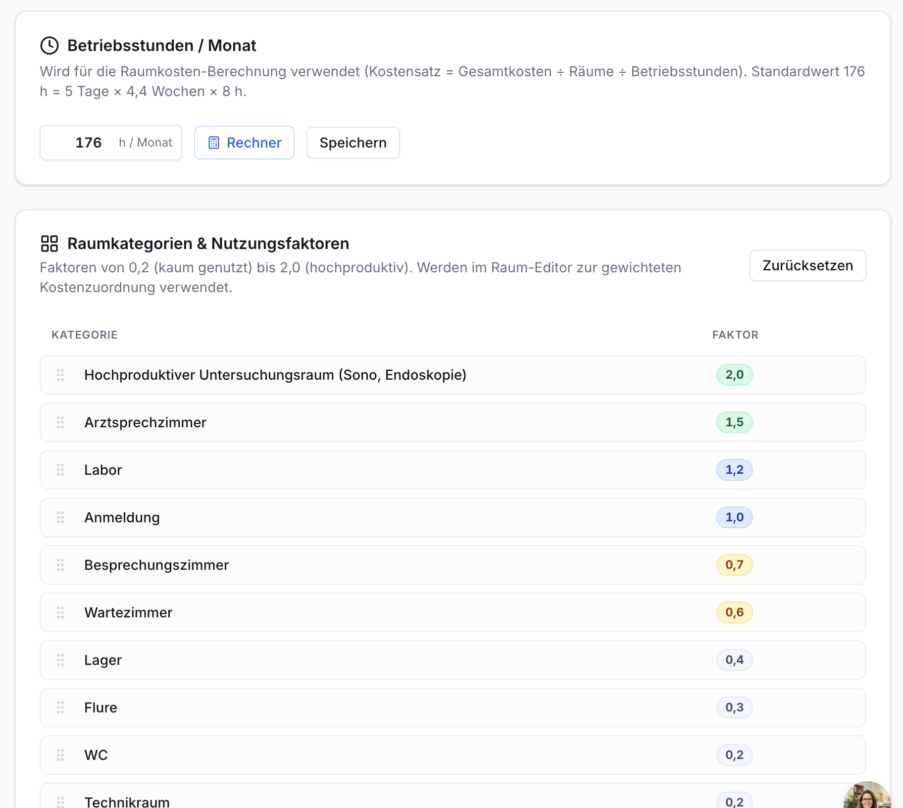 Effizienz Praxis App: Zwei Bereiche. Betriebsstunden (176 h/Monat) mit Rechner. Darunter 10 Raumkategorien mit farbigen Nutzungsfaktoren 0,2-2,0.