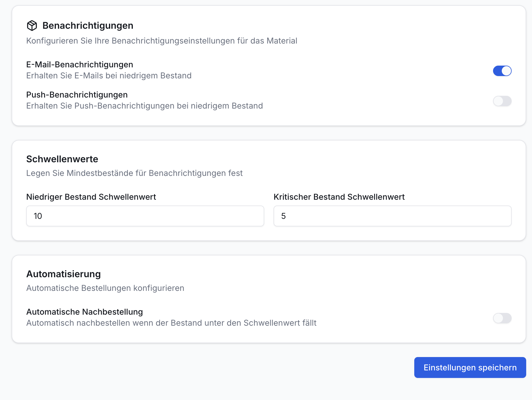 Materialeinstellungen: E-Mail aktiv, Schwellenwerte 10/5. Autom. Nachbestellung deaktiviert. Blauer Speichern-Button.