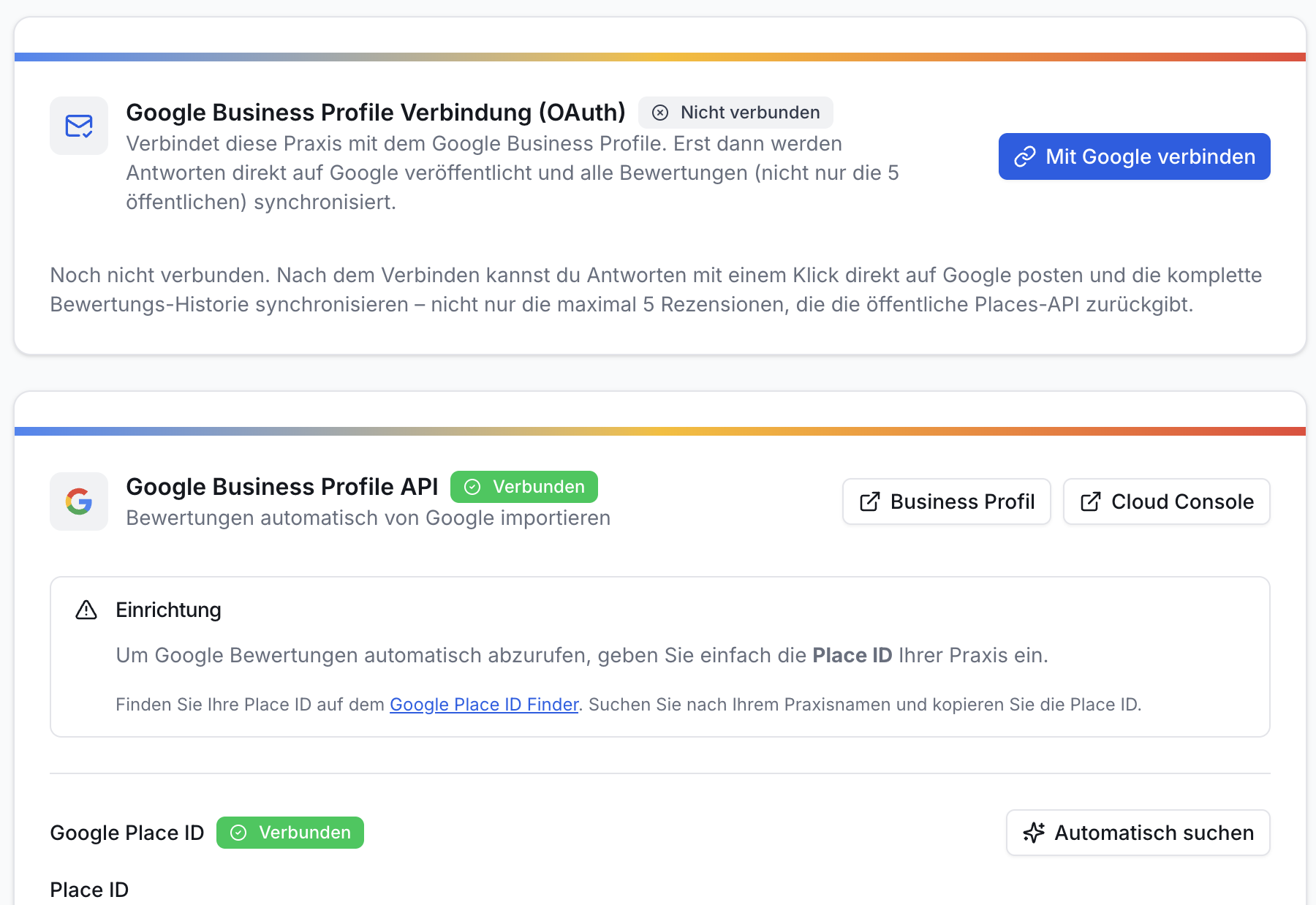 Seite Schnittstellen. Oben: Google Business Profile OAuth mit Status 'Nicht verbunden', Button 'Mit Google verbinden'. Unten: Google API 'Verbunden', Place ID Eingabe.