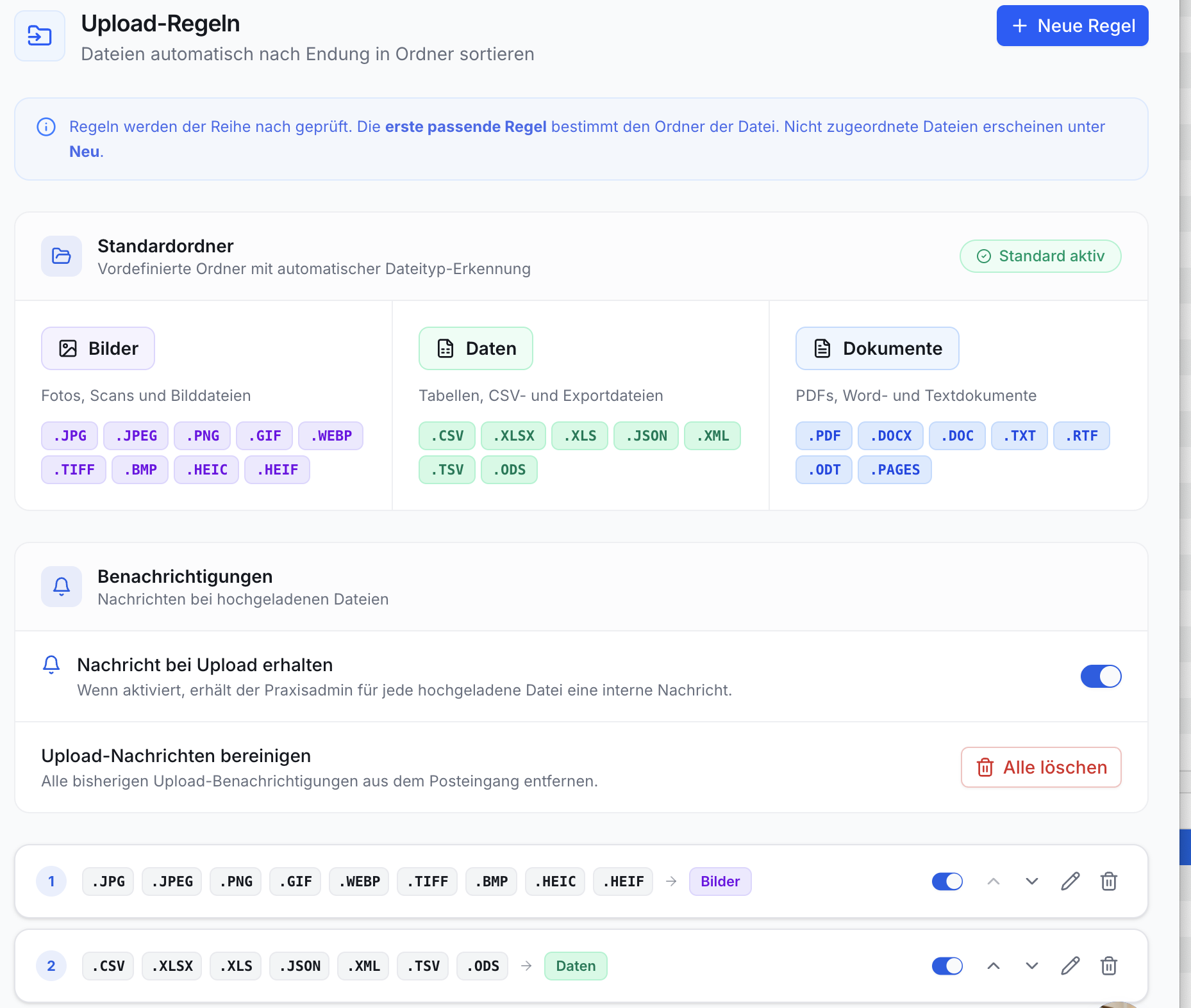 Screenshot der Upload-Regeln. Titelleiste, Infotext. Standardordner für Bilder, Daten, Dokumente, mit Dateiendungen. Benachrichtigungs-Einstellungen, aktiver Schalter. Zwei Beispielregeln unten.
