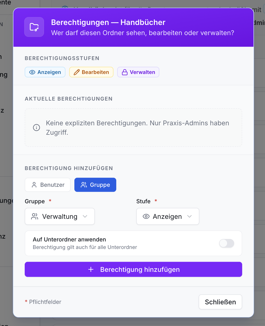 Modal Rechteverwaltung. Stufen: Anzeigen, Bearbeiten, Verwalten. Infobox. Gruppe Verwaltung, Stufe Anzeigen.