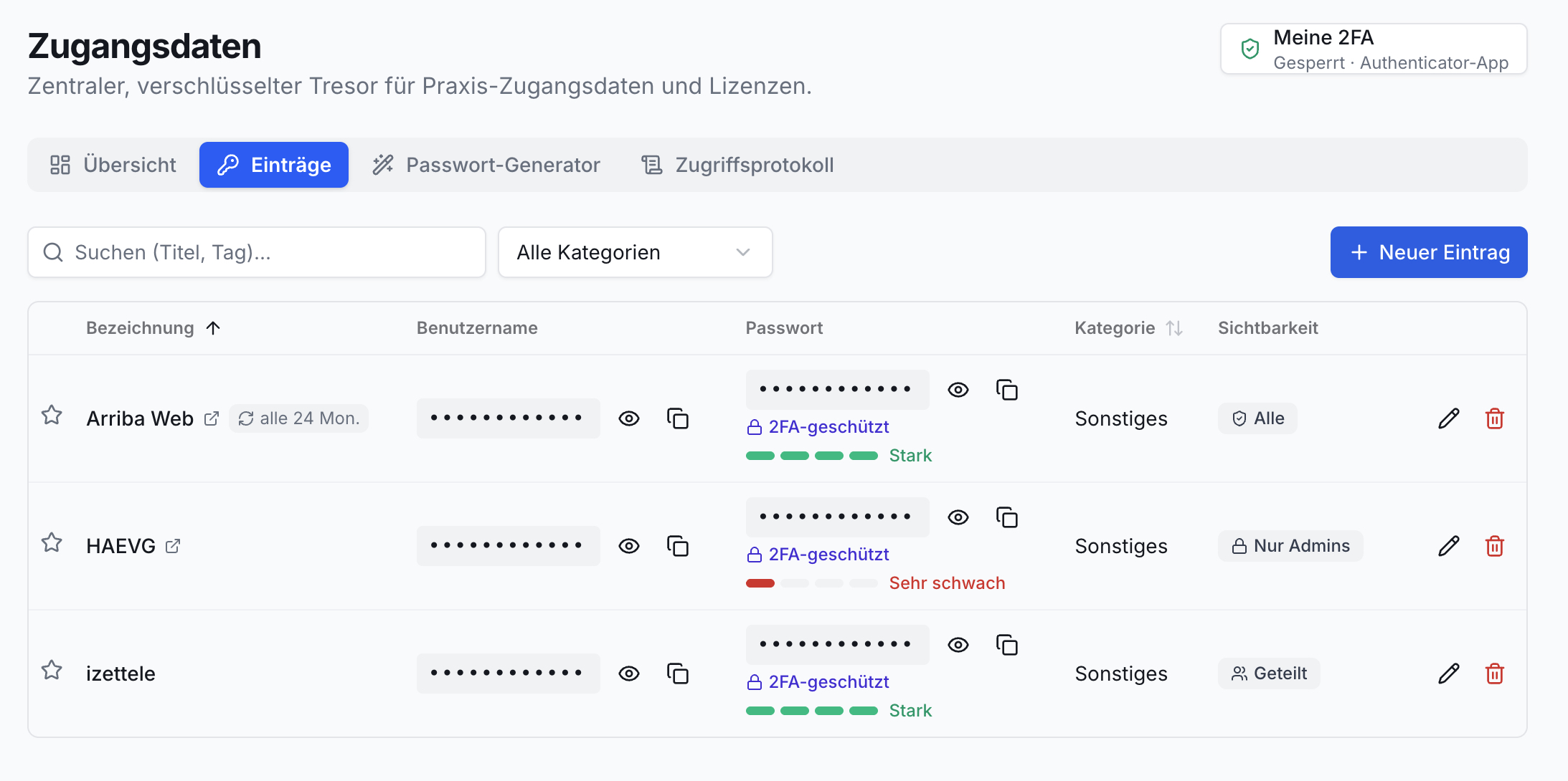 Bildschirmansicht der Zugangsdaten Einträge. Tabelle zeigt Bezeichnung, Benutzername, Passwort (Stärke, 2FA), Kategorie, Sichtbarkeit. Mit Suchfeld.