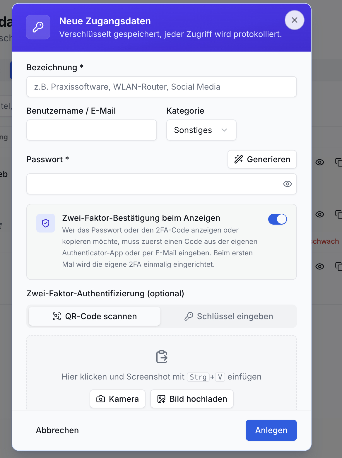 Dialogfenster Neue Zugangsdaten. Felder für Bezeichnung, Benutzername, Passwort. 2FA-Optionen, Bild-Upload. Buttons Abbrechen, Anlegen.