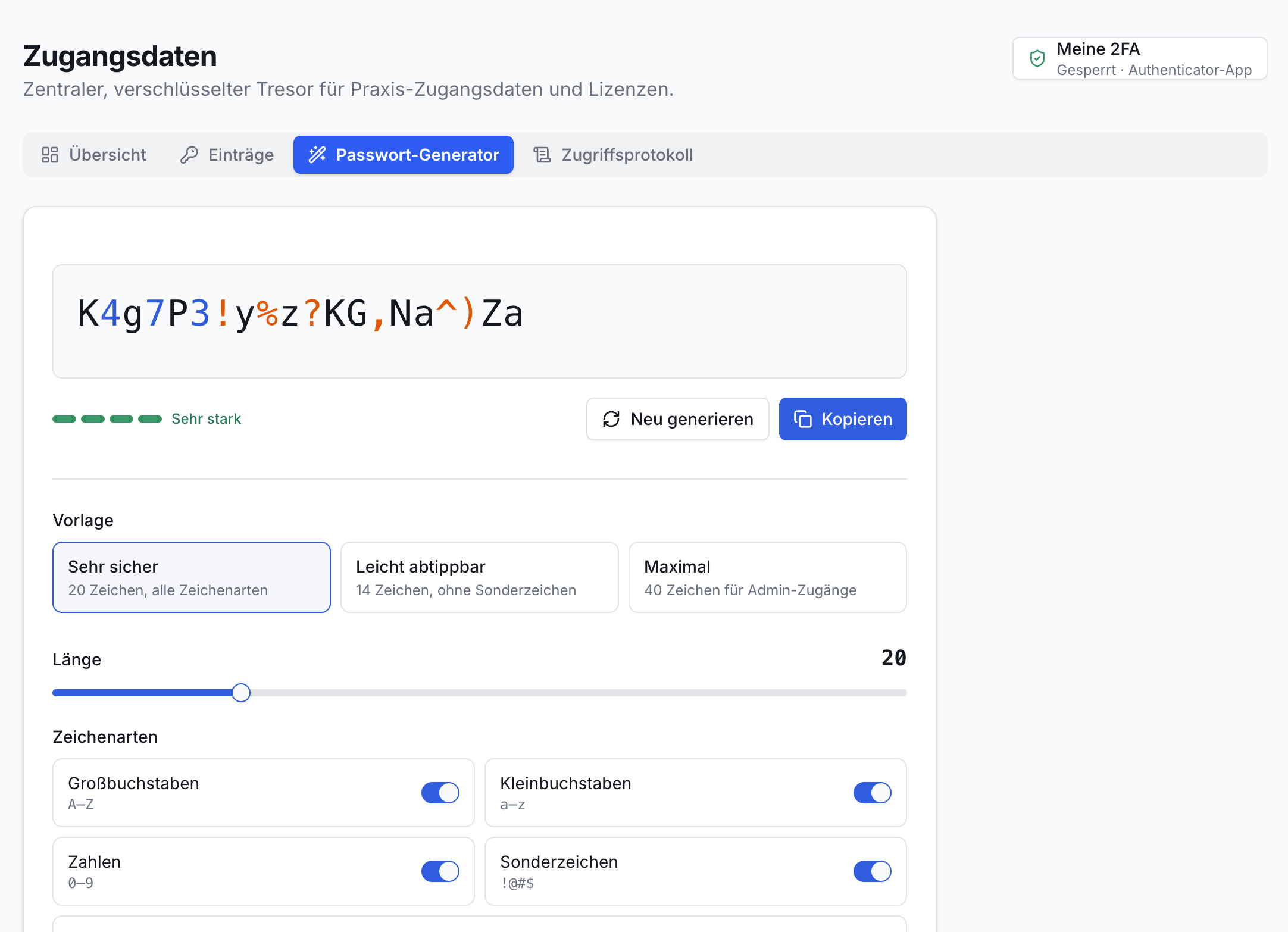 Passwort-Generator mit 20-stelligem, sehr starkem Passwort. Darunter Vorlagen, Längenregler und Schalter für Groß-/Kleinbuchstaben, Zahlen, Sonderzeichen.