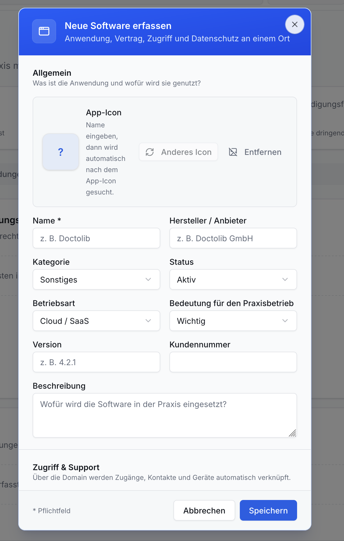 Dialog Neue Software erfassen: Formularfelder für Name, Hersteller, Status, Version, Beschreibung. App-Icon, Dropdowns, Abbrechen und Speichern Buttons.