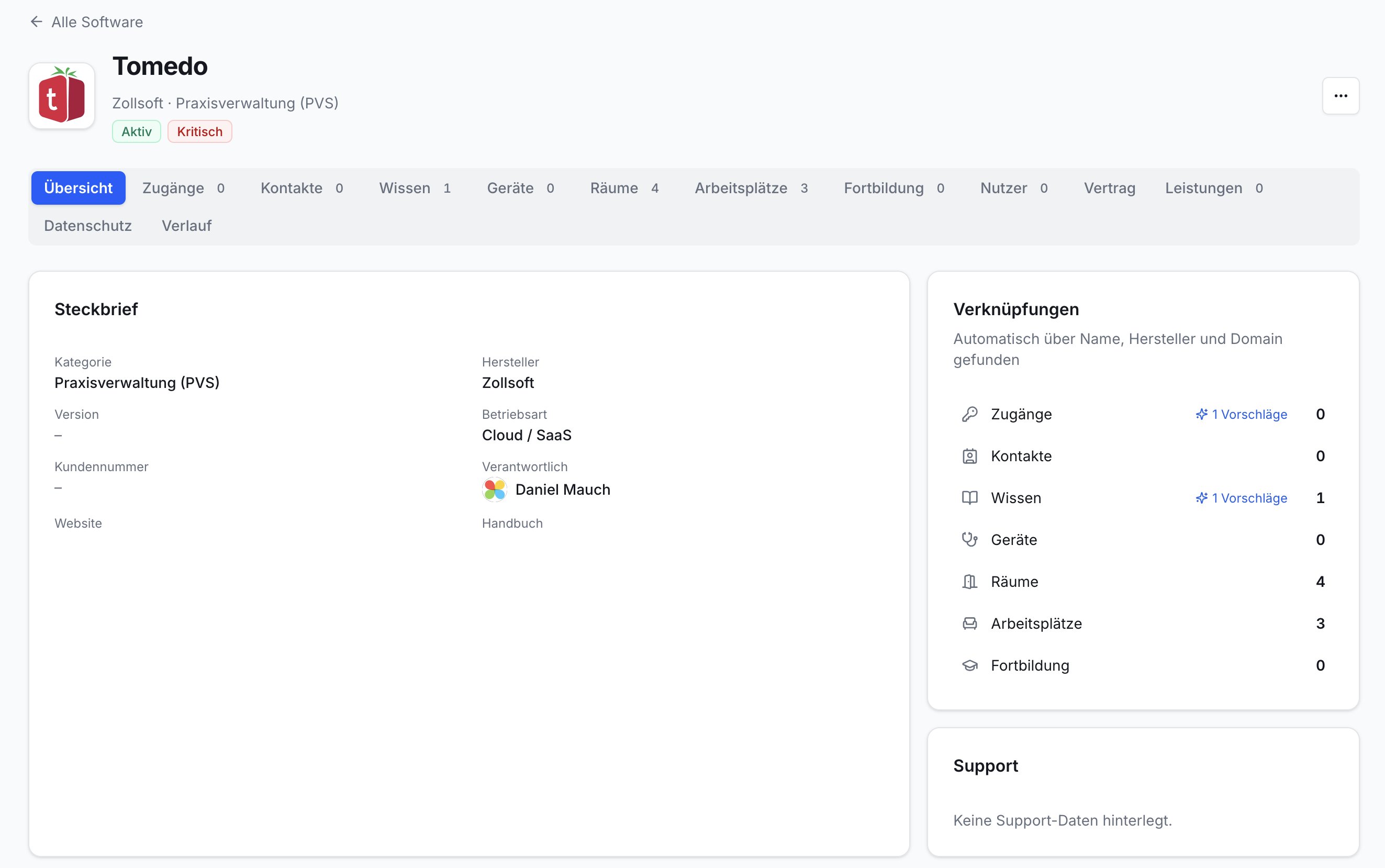 Tomedo Anwendungsübersicht. Steckbrief zeigt Hersteller Zollsoft, Cloud/SaaS, Verantwortlichen. Rechte Spalte listet 4 Räume, 3 Arbeitsplätze, 1 Wissensartikel.