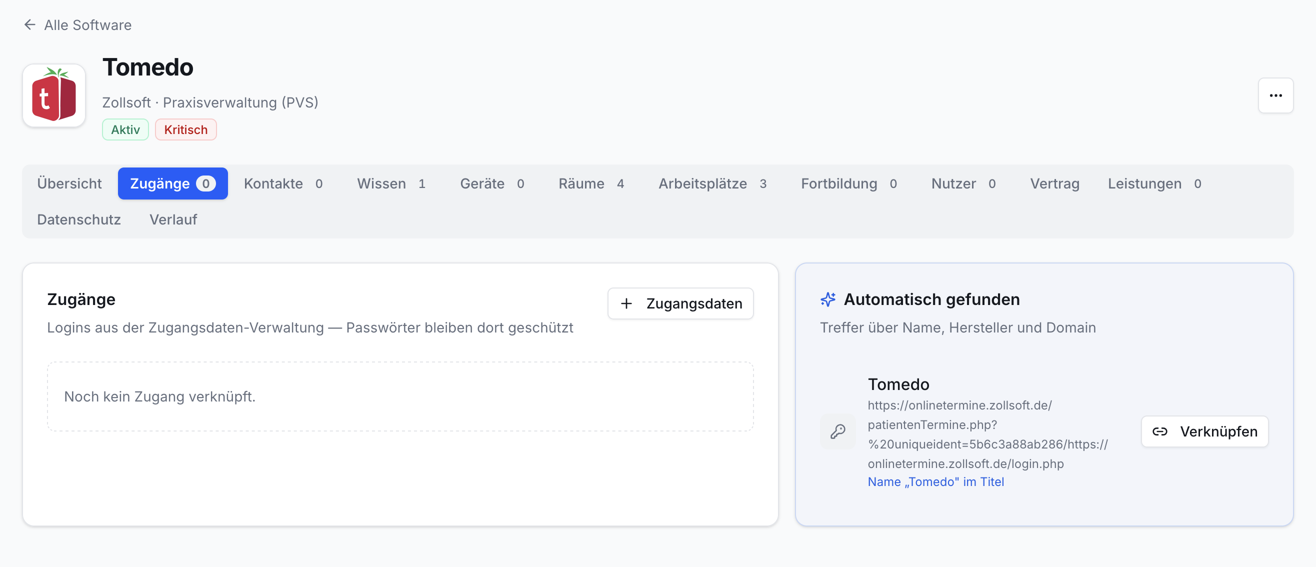 Screenshot: Tomedo Profil in Effizienz Praxis, Reiter Zugänge. Box zum Hinzufügen von Logins. Box mit gefundener Tomedo URL und Verknüpfen-Button.