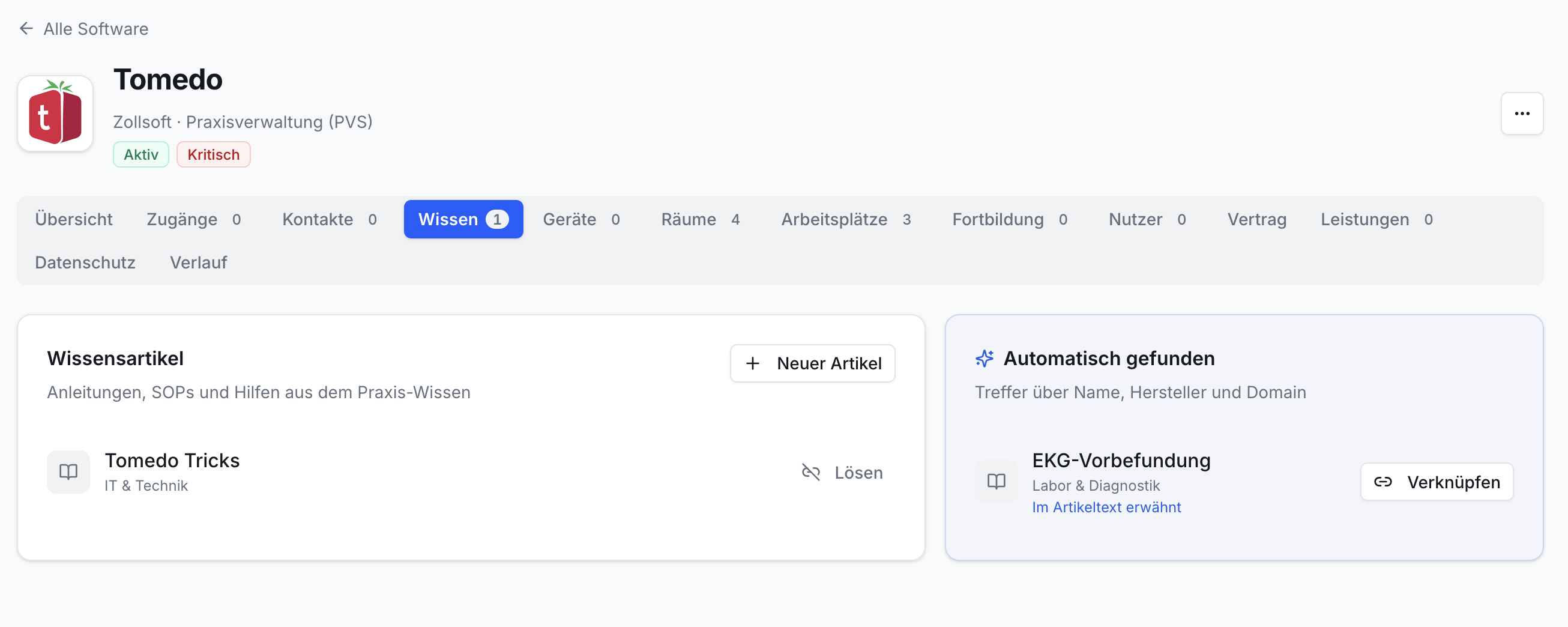 Tomedo Wissen-Tab. Zeigt Wissensartikel (Tomedo Tricks) und gefundene Infos (EKG-Vorbefundung) verknüpfbar.