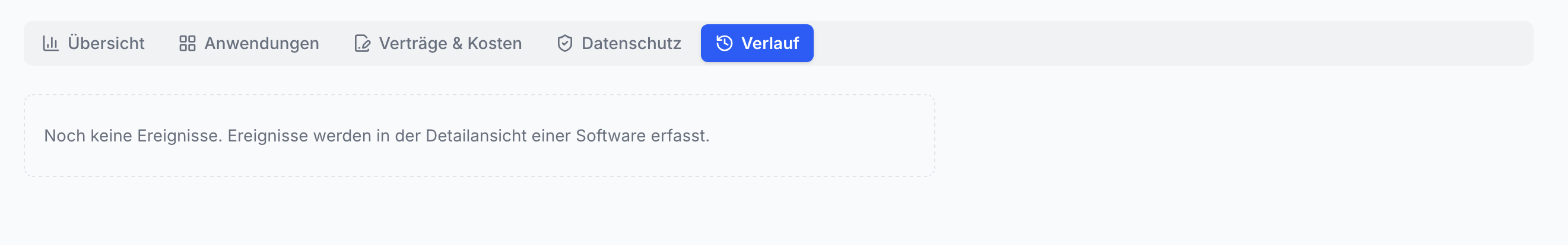 Effizienz Praxis App. Navigationsleiste mit fünf Tabs, Verlauf ist aktiv und blau. Textfeld: Noch keine Ereignisse erfasst.