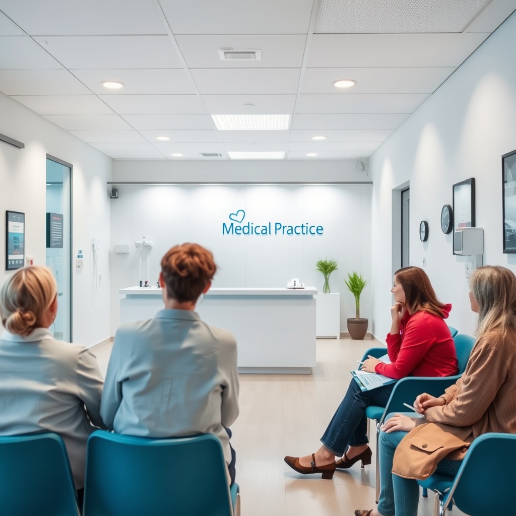 A modern medical practice reception area with a friendly receptionist and a few patients waiting, wi