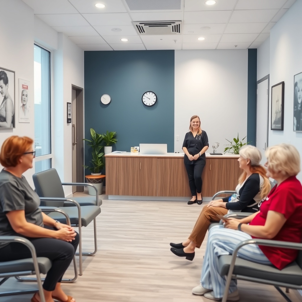 A modern medical practice reception area with a friendly staff member and a few patients, with a cal