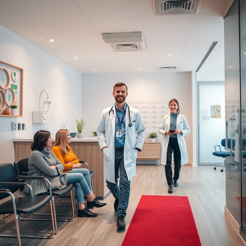 A clean and modern medical practice reception area with a friendly receptionist and a few patients w